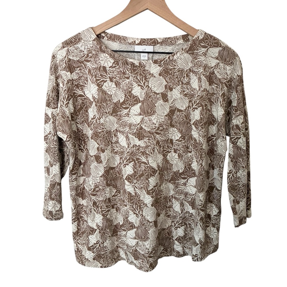 J. Jill Seashell Print Blouse 3/4 Sleeves Boat Neck Top Shirt Linen Blend